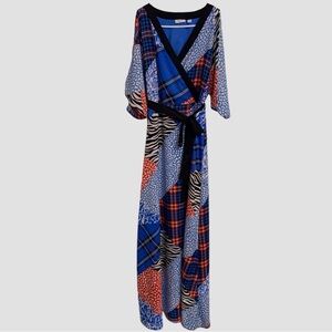 NEW YORK & COMPANY PATCHWORK FAUX WRAP COLD SHOULDER MULTICOLOR MAXI DRESS
